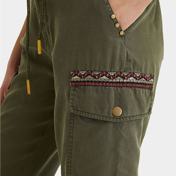 Desigual Pants - Desigual Cargo Pants Women M Olive Green Embroidered Tribeca Joggers Boho Casual